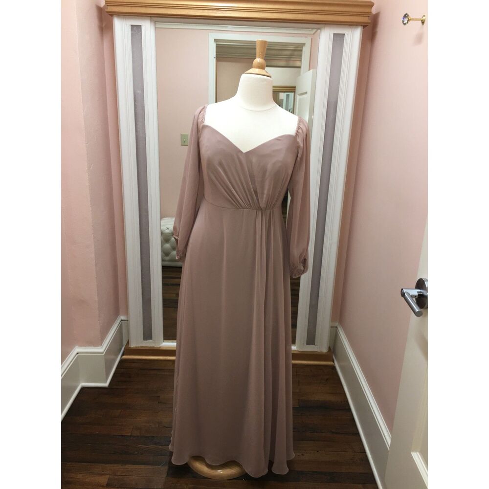 Dessy Long Nude Chiffon Bridesmaid Dress With Long Off Shoulder Sleeves Slit